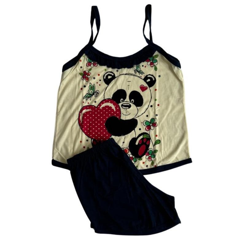 Baby Doll Feminino Alça Panda Liso Preto com Bege