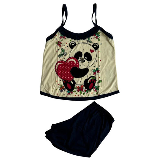 Baby Doll Feminino Alça Panda Liso Preto com Bege