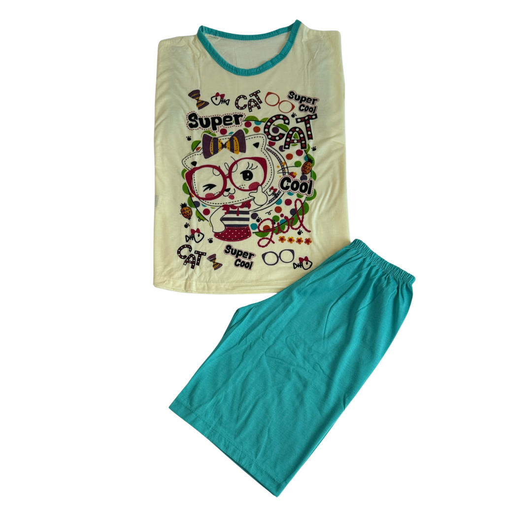 Baby Doll Feminino Manga Curta Pescador Cat Liso Verde com Bege