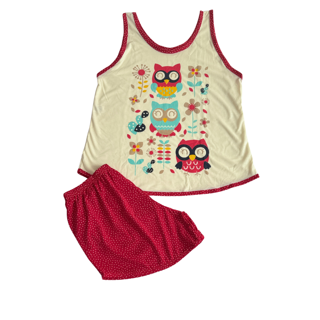 Baby Doll Feminino Regata Coruja Poá Vermelho
