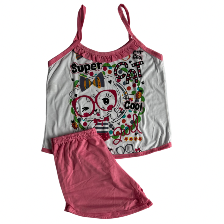 Baby Doll Feminino Alça Super Cat Liso Rosa com Branco