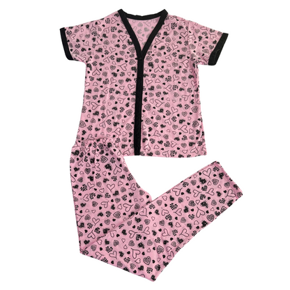 Pijama Feminino Americano Meia Estação Coração Rosa Claro