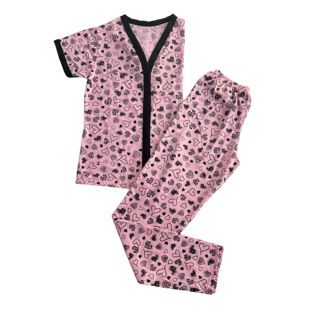 Pijama Feminino Americano Meia Estação Coração Rosa Claro