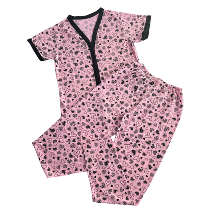 Pijama Feminino Americano Meia Estação Coração Rosa Claro