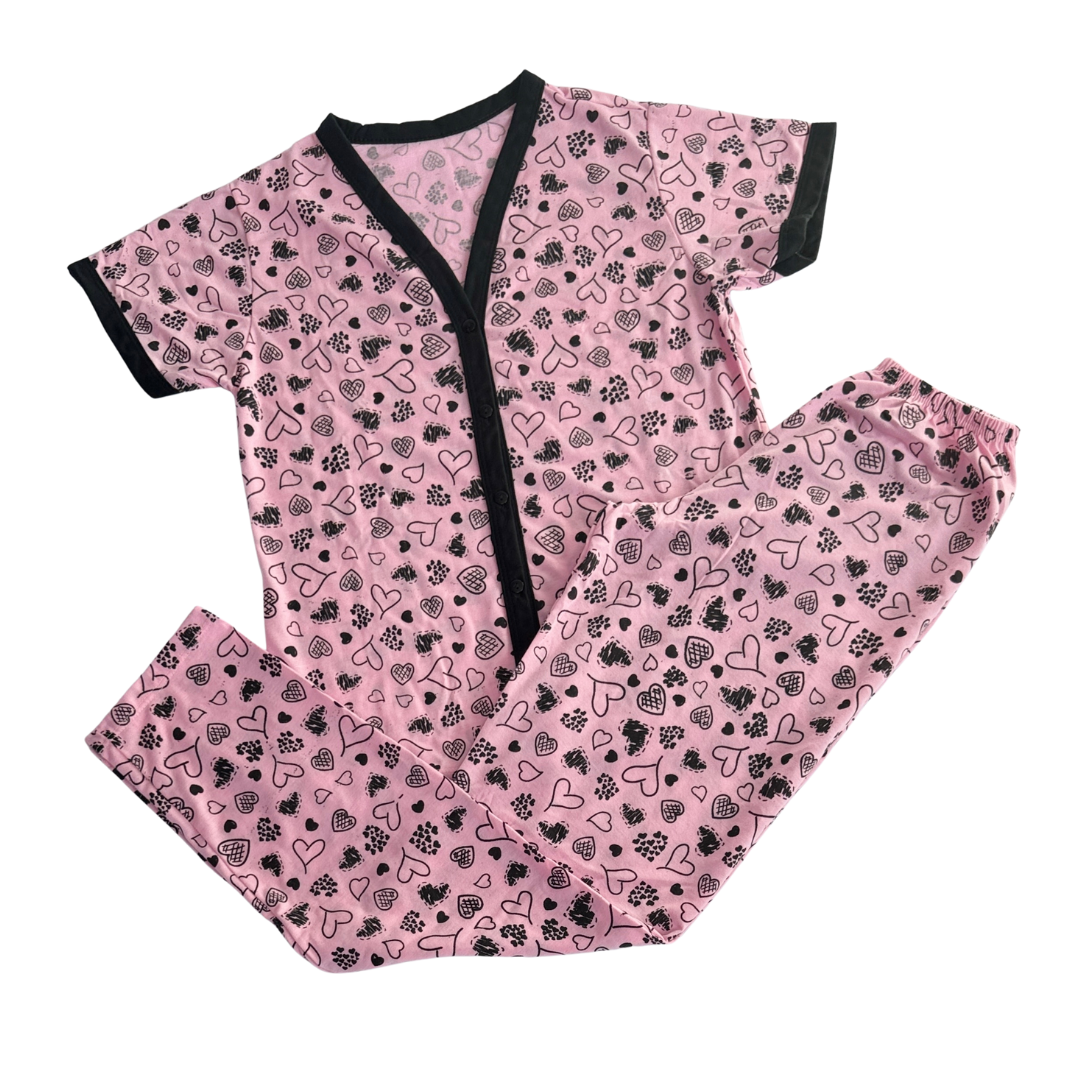 Pijama Feminino Americano Meia Estação Coração Rosa Claro