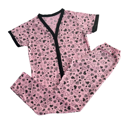Pijama Feminino Americano Meia Estação Coração Rosa Claro