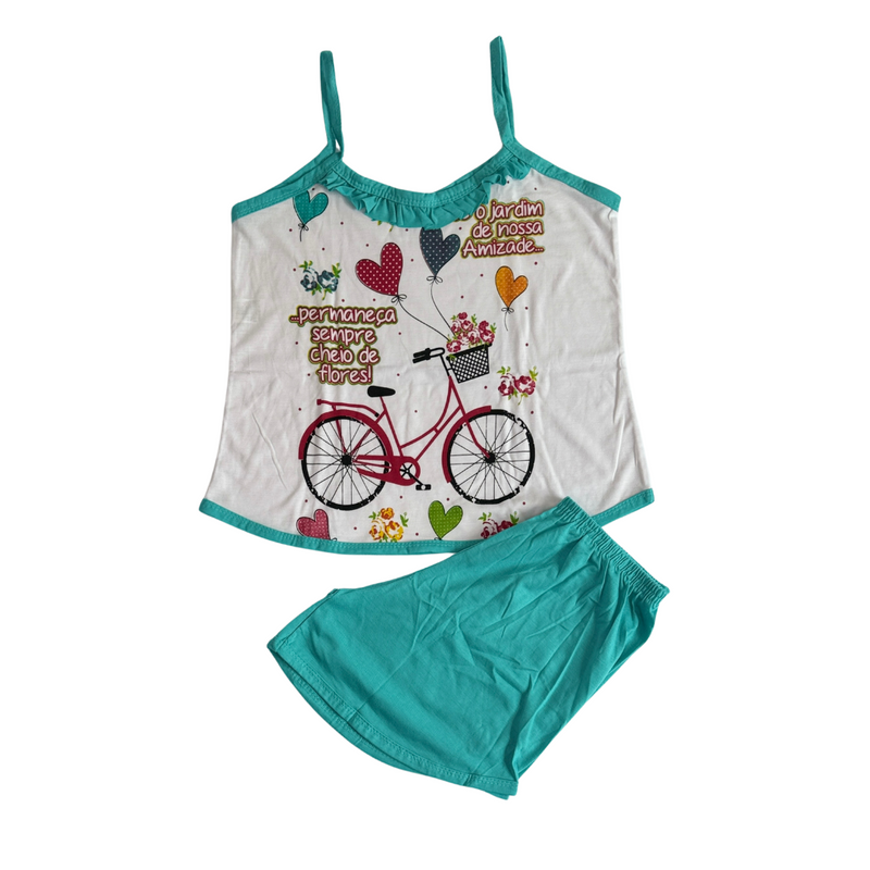 Baby Doll Feminino Alça Bicicleta Liso Verde com Branco