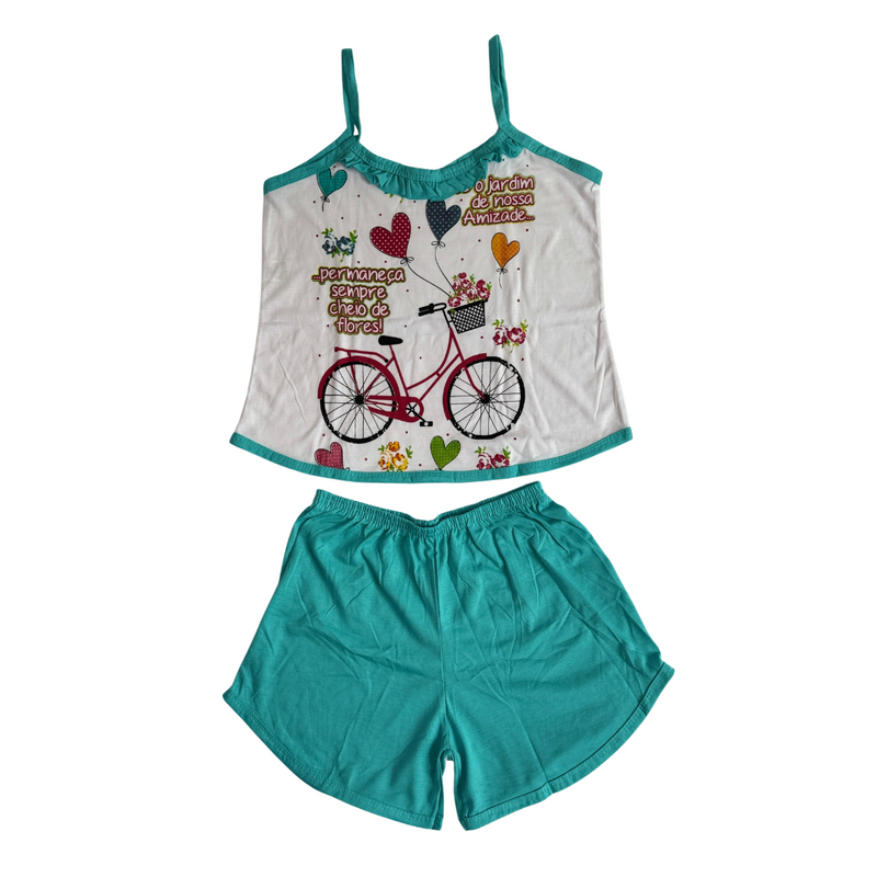 Baby Doll Feminino Alça Bicicleta Liso Verde com Branco