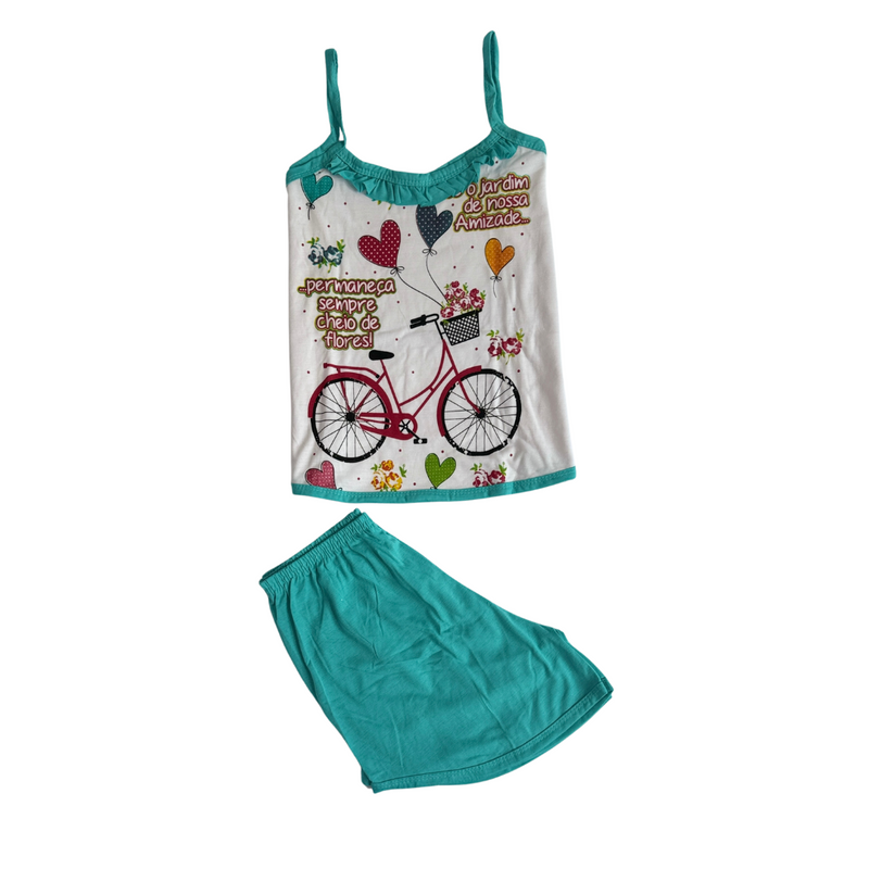 Baby Doll Feminino Alça Bicicleta Liso Verde com Branco