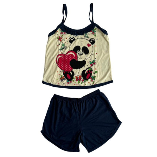 Baby Doll Feminino Alça Panda Liso Preto com Bege