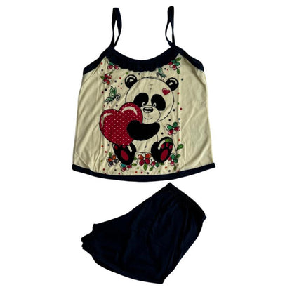 Baby Doll Feminino Alça Panda Liso Preto com Bege