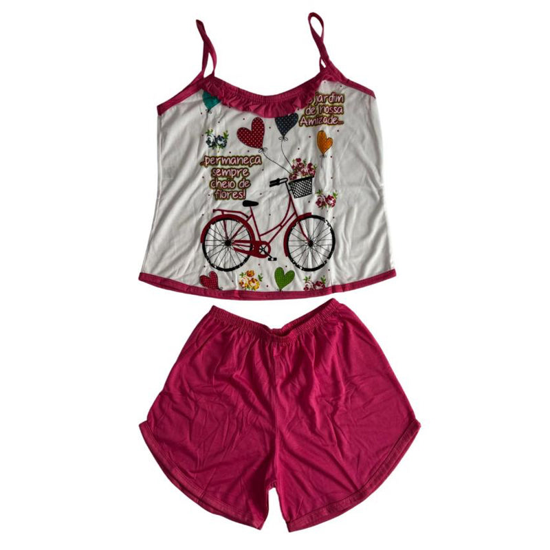 Baby Doll Feminino Alça Bicicleta Liso Rosa com Branco