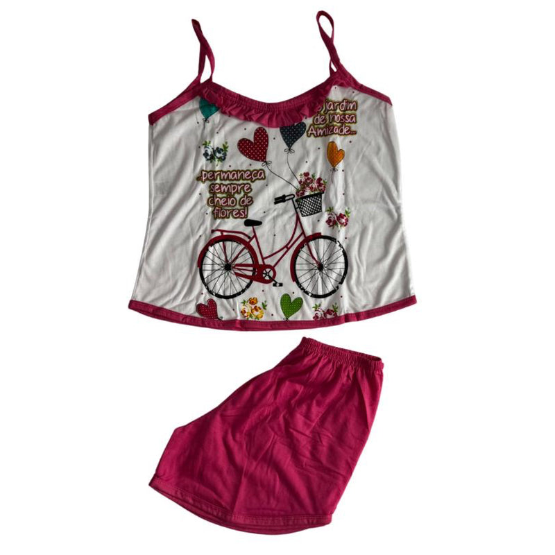 Baby Doll Feminino Alça Bicicleta Liso Rosa com Branco