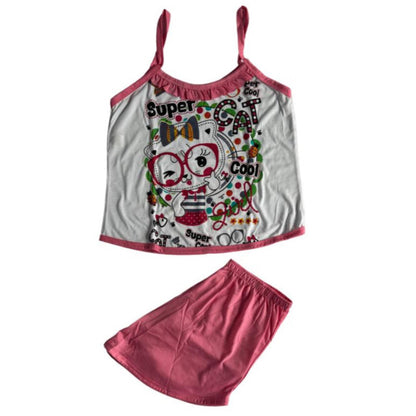 Baby Doll Feminino Alça Super Cat Liso Rosa com Branco