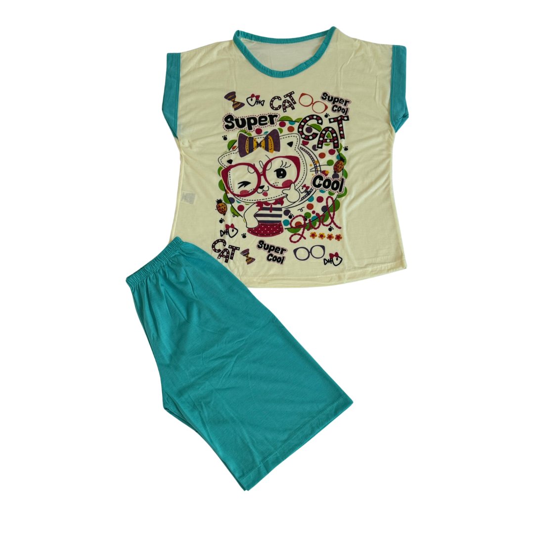 Baby Doll Feminino Manga Curta Pescador Cat Liso Verde com Bege