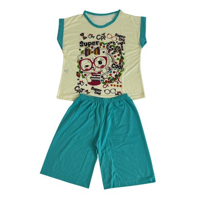 Baby Doll Feminino Manga Curta Pescador Cat Liso Verde com Bege