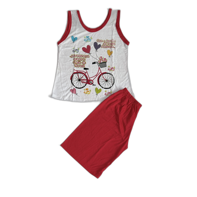 Baby Doll Feminino Regata Pescador Bicicleta Liso Vermelho com Branco