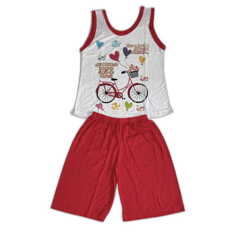 Baby Doll Feminino Regata Pescador Bicicleta Liso Vermelho com Branco