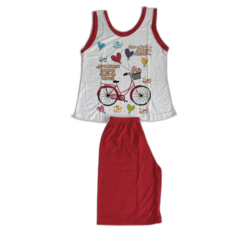 Baby Doll Feminino Regata Pescador Bicicleta Liso Vermelho com Branco