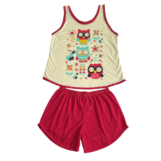 Baby Doll Feminino Regata Coruja Poá Vermelho