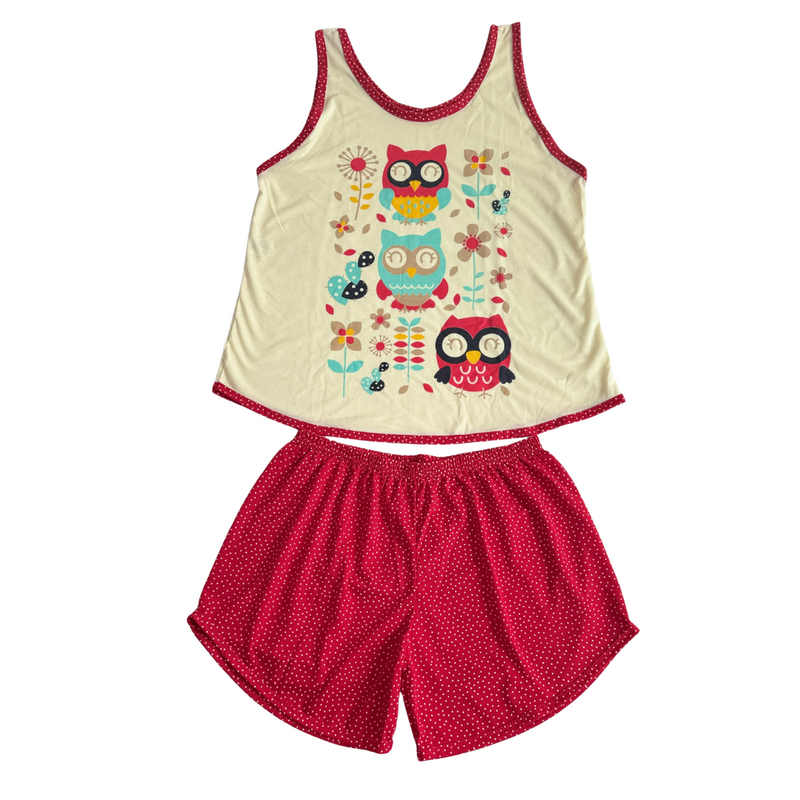 Baby Doll Feminino Regata Coruja Poá Vermelho
