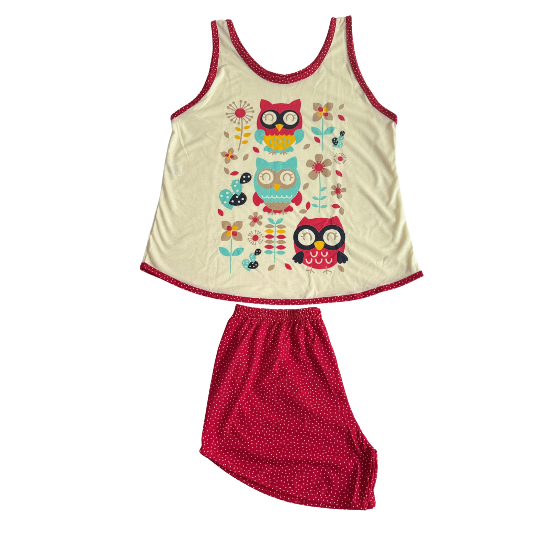 Baby Doll Feminino Regata Coruja Poá Vermelho