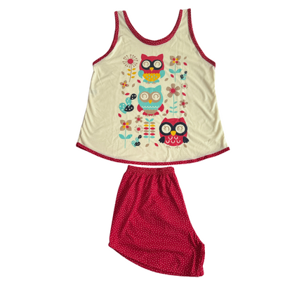 Baby Doll Feminino Regata Coruja Poá Vermelho