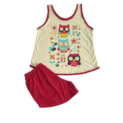 Baby Doll Feminino Regata Coruja Poá Vermelho