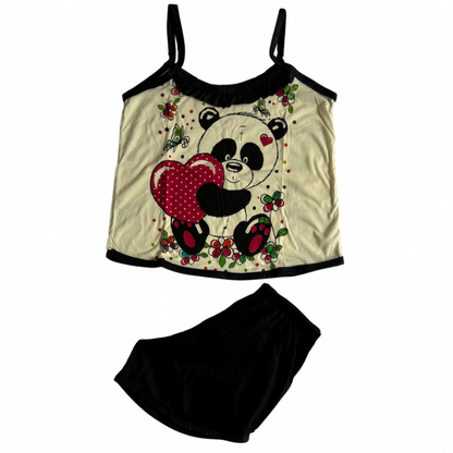 Baby Doll Feminino Alça Panda Liso Marinho com Bege