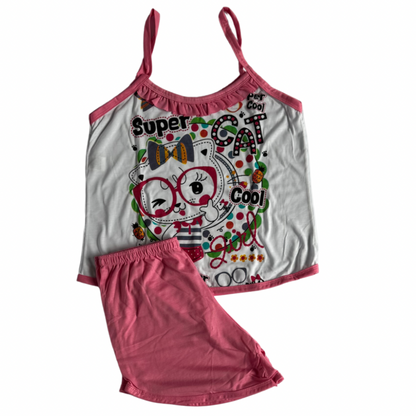 Baby Doll Feminino Alça Super Cat Liso Rosa com Branco