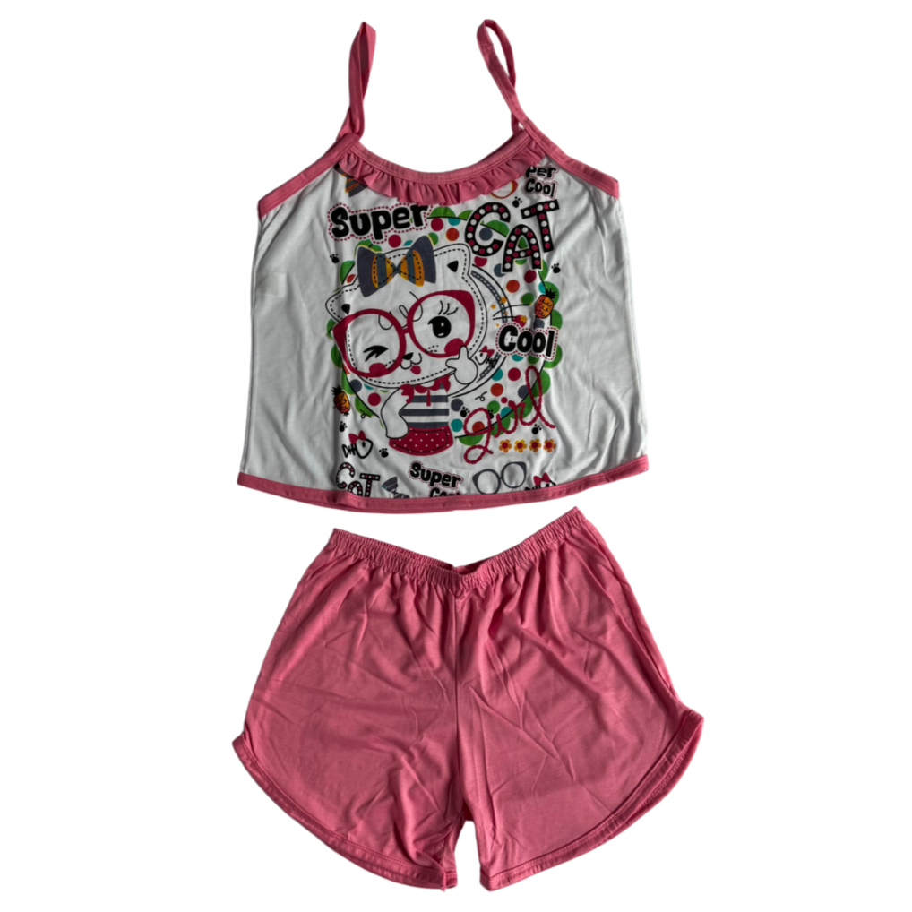 Baby Doll Feminino Alça Super Cat Liso Rosa com Branco