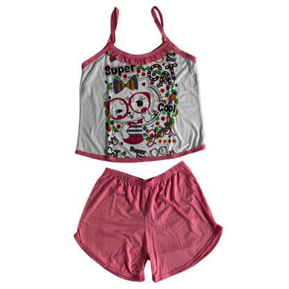 Baby Doll Feminino Alça Super Cat Liso Rosa com Branco