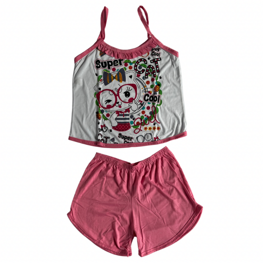 Baby Doll Feminino Alça Super Cat Liso Rosa com Branco