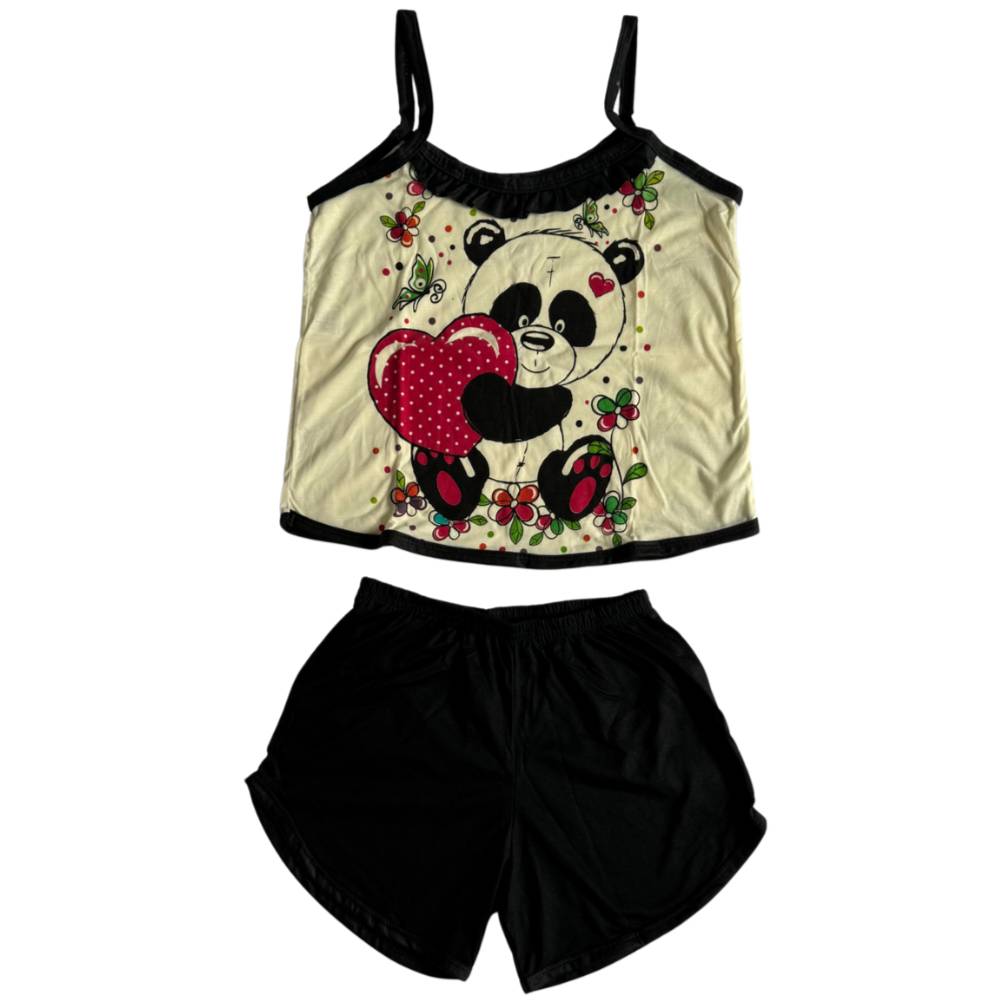 Baby Doll Feminino Alça Panda Liso Marinho com Bege