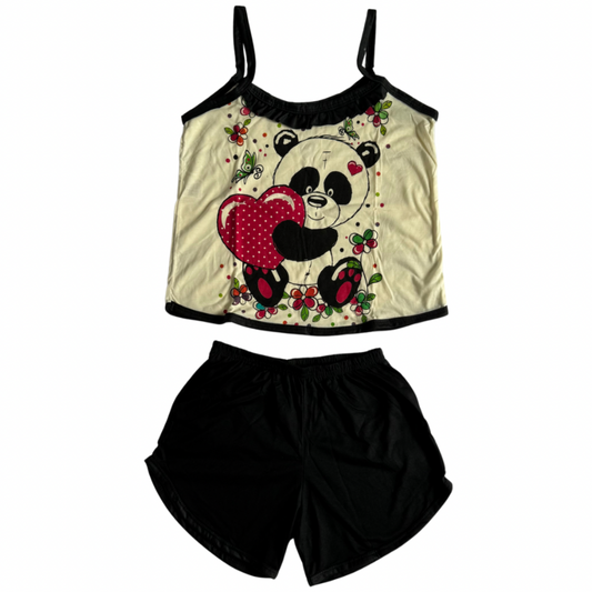 Baby Doll Feminino Alça Panda Liso Marinho com Bege